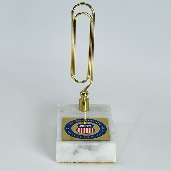 Union Pacific 1985 Big Brass Paper Clip Paperweight Marble Base Desk Organizer - Picture 3 of 7